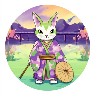 Cat in japanese GREEN AND PURPLE AND YELLOW kimono, fishing, in a circle background of Japanese surroundings, ClipArt, Watercolor featuring Kawaii Cat in Kimonos
