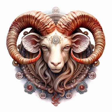 mystical astrological Aries zodiac sign, fantasy, fairytale, storybook, decorative plaster style, clipart, digital painting, light ink, very detailed, very realistic, white background, bright mood, 4k quality