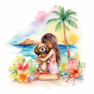 watercolour, tropical island setting, showcase a cute little hula girl little (she is aged 4) hugging her cute little adorable puppy, the puppy has tropical flowersd around her neck, the feeling is happy, magical, the cloouds in the sky are fluffy in the shape of a love heart to signify the love between the little girl and her best friend, clipart