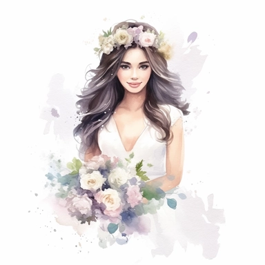 beautiful watercolor fun, happy and cute photorealistic stylish, smiling dark hair bride in white wedding dress and tiara beautiful, whole body, decorated in big pastel and light colors flowers in the style of aquarelist, wedding illustrations award winner, wedding clipart, 8k, white background, intricate details illustrations very detailed, uhd exquisite clothing detail, rimel neffati