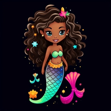cute cartoon dark skinned colourful mermaid clipart, black background, high quality, no blur, glowing hair