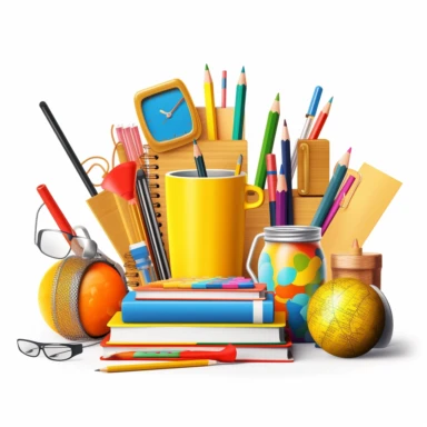 Clipart of various school supplies such as pencils, books, rulers, and erasers on a white background, representing the back-to-school essentials.