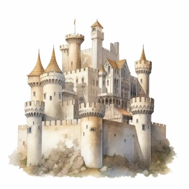 watercolor for a clipart with a white background of a hyperdetailed medieval castle, painted by Mary Jane Ansell