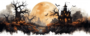 isolated illustration of a fantasy autumn halloween landscape scene, watercolor illustration, high resolution clipart, isolated on black background