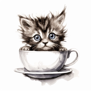 Imagine a curious clipart kitten with wide eyes and a raised paw, peering out from a teacup with a whimsical expression on a clean white background. 032