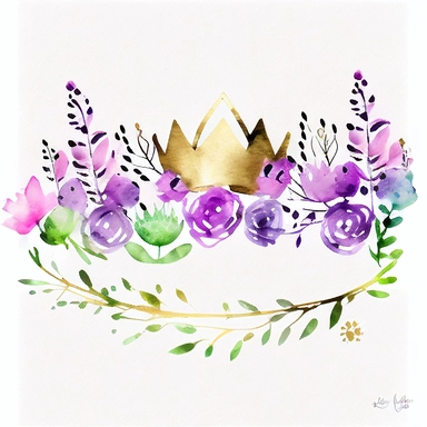 line of purple and lilac watercolor flowers with a simple clipart princess crown on top, watercolor gold, pink, purple, green leaves, white background