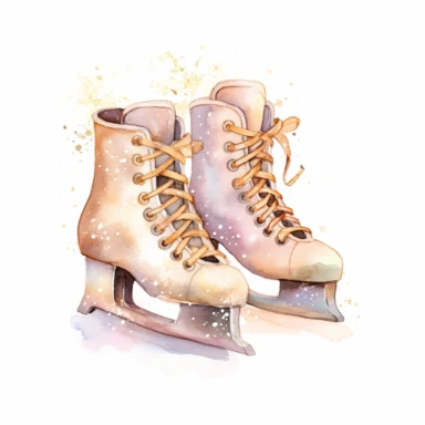watercolor clipart of a cute ice skates, sparkles, cosy winter wonderland vibes, isolated on white background