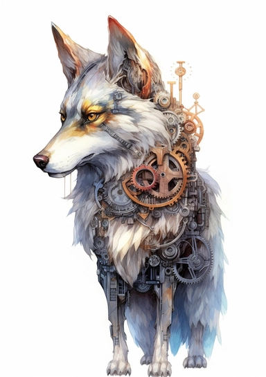Steampunk Gray wolf clipart, realistic, Watercolor Retro Futuristic Victorian Era, art picture, full body, watercolor, multicolor, white background, lots of details, high quality - 8K,