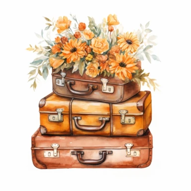 watercolor Vintage suitcases surrounded by flowers, orange yellow and brown hues, autumn vibes, clipart on a white background