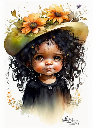 Cute little happy baby girl halloween witch with a flower hat on the head and with curly long hair and big eyes, watercolor by Thomas w. schaller, clipart, solid background, hd