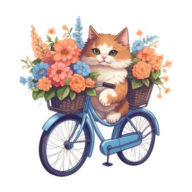 Create a clipart image of a calico cat riding a blue bicycle with a basket full of flowers on the back. Low detail. White background, soft lighting. In the style of Bob Ross