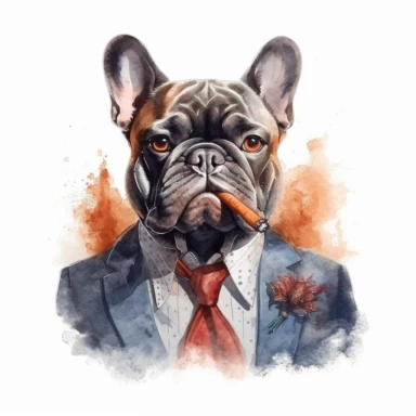 angry mafia boss french bulldog with human hands holding a cigar, smoke, watercolor clipart, minimalist, bright colors, isolated white background, 8k