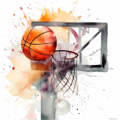 a watercolor clipart of a basketball going into a backball hoop with a glass backboard portrait, watercolor painting, no background, white background color, no-text