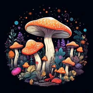 Magical Mystical Mushrooms clipart, vector, contour, vibrant, detailed, beautiful,32k , outlined, floral, forest, moon, star graphic design, Acrylic paint, white flat background, flat