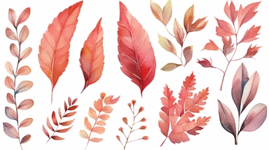 watercolor, set of foliage, greenery, clipart with leaves and branches, beautiful shades of Reds, Pinks and Browns tones, perfect for decorating your creative projects, scrapbooking, or any creative design, 12 separate, individual images in this set, transparent backgrounds