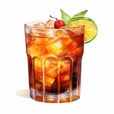 a Mai Tai cocktail, strong colors, border, 8K, dark watercolor, ultra details, isolated white background, clipart, hand drawn, hand drawn art, in the style of ultra-detailed oil painting pontilism hand drawn collections, pontillism brush, scumbling, HD oil painting collections,