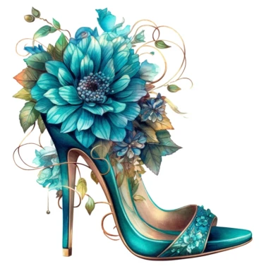 watercolor clipart of vintage turquoise high heel shoes, floral, color pencil drawing, nice composition, vector, outline, isolated white background, 16k