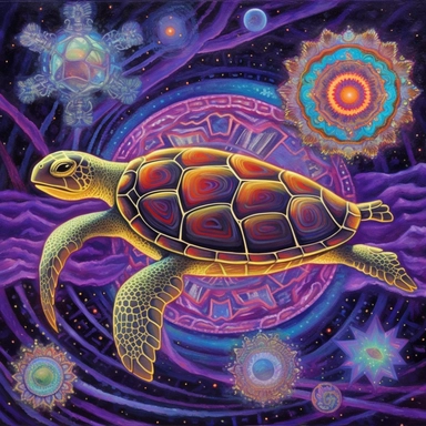 A oil painting of a turtle clipart with a surreal and fantastical design, floating in a starry sky with planets and comets. The turtle has a large body, a long neck, four wings, and a spiral tail. only four legs. Its shell is covered with intricate patterns and symbols in glowing colors. The background is a dark purple sky, creating a contrast with the turtle’s luminous appearance. The painting has a magical and mysterious style, with an imaginative use of elements and colors. The perspective is