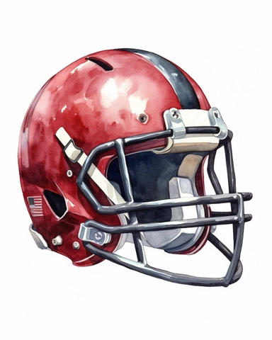 detailed watercolor football helmet , wide angle, long shot, realistic, isolated on white background, clipart