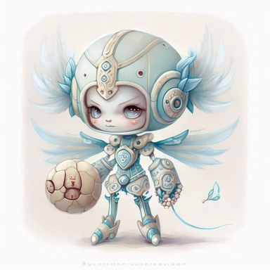 a watercolor painting of a robot boy fairy holding a football on a solid white plain background Clipart style, by nicoletta ceccoli, melancholy pastel art, cute detailed digital art, goddess of sleep, adorable digital painting, by Jasmine Becket-Griffith, fairy cgsociety, dreamy illustration, dreamlike digital painting, astral fairy, cherub, god of dreams, aka dream, dream scenery art, solid white background, Clipart style
