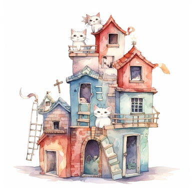 quirky watercolor cat houses, clipart on white background