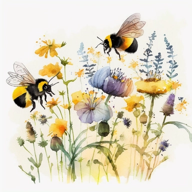 watercolor clip art bumble bees and flowers in a field