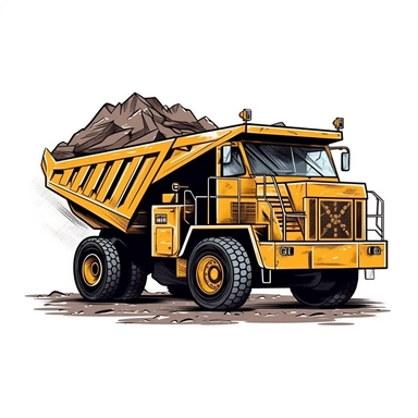 yellow mining dump truck as a simple cartoon style hauling rocks, clipart, white background