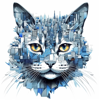 cat, Blue eyes, collage quirky cool collage city, Felis catus clipart, white contour detailed, clean line, hd, on white background, spaced out