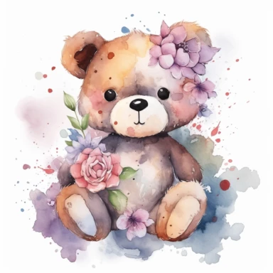 watercolor teddy bear with flowers, clipart , cute, alcohol ink, splatter effect