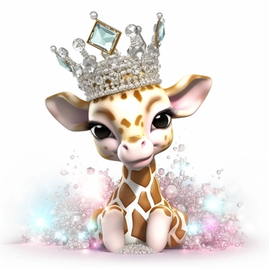 clipart image, with a white background of a hyper realistic, crystal pastel Color’s, reflections, detailed, hyper cute baby giraffe , with gems, diamonds, jewelry, sparkles, shimmer, sparkling, smiling , big eyes, big hair, jewelry, halo, with beautiful crystal crown, fantasy, magical, eternal, clear, animal tiger, small smile, Confident in nature, pastel colours, light pink, whites, white, gold, shinning, 4K, hdr, 8k, high resolution, diamonds, lighting, Sun bright lighting, gorgeous, sparkling
