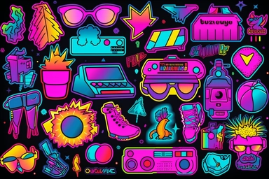 Retro 80s 90s clipart set. Neon colors y2k fashion patch, badge, emblem, stickers.