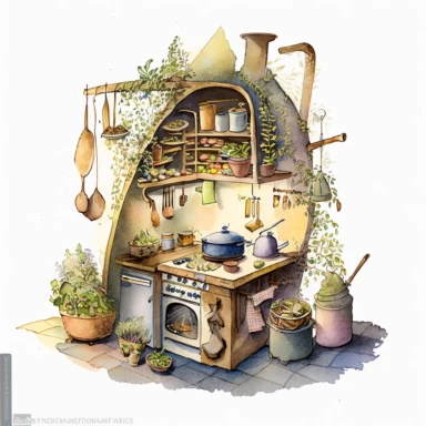 A hyper - detailed illustration watercolor clipart of a whimsical kitchen of a fairy house built out of natural materials by a human, complete kitchen utensil and kitchenware and foods in preparation watercolor illustration, illustration style a combination of Beatrix Potter and Tove Jansson, isolated on white background with margins, cut - out images, zoom on table , close up view