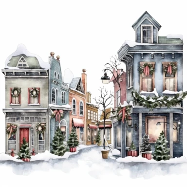 beautiful old town Christmas Clipart , style by Lucy Fleming, watercolor, smooth gradients, black contour outline, ultra detailed, clipart elements, delicate pastel colors, solid white background, super clear, high quality