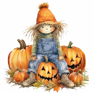 Halloween scarecrow in a pumpkin patch, full color, knitted painting texture, Perfect for nursery art and children's book illustration style, simple, cute, full color, clipart, watercolor illustration, single object, high definition 8k,white background for removing background - - no text shadow font watermark