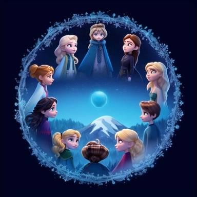 elsas world frozen animation style sky atmospher, dont show characthers, disney pixar style, top view, circle format, clipart
