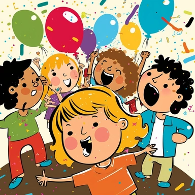 clipart illustration of large birthday party for child with lots of friends and confetti