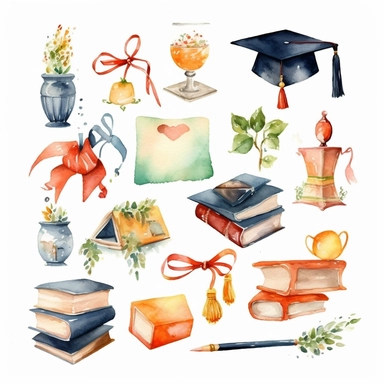watercolor graduation ceremony related scenes, illustrations clipart set, simple, , cartoon elements ,different variants , separate elements with a margin, ,4k, high resolution