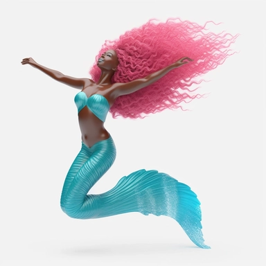 beautiful african american mermaid, happy, long flowing hair, turquoise, blue, and pink glistening mermaid body, clipart, hyper-realistic, 4k resolution
