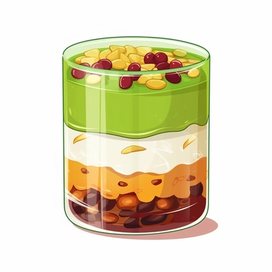 Chè ba màu a dessert in a glass made with three layers of ingredients. The bottom layer is red kidney beans, the second layer is yellow mung beans and on top there is a layer of green pandan jelly. There is crushed ice inside and also creamy coconut milk in the glass as well , simple illustration, cartoon vector style, clipart, white background