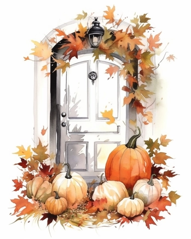 White front door, pumpkins, autumn leaves, beige color, watercolor, clipart, white background