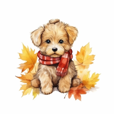 Cute puppy dog wearing a scarf，sitting teddy bear, Watercolor hand drawn style, teddy bear, maple leaf, red maple leaf, yellow maple leaf, 8k, HD, watercolor clipart, With white background for removing, no text on image
