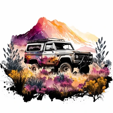 water color offroad floral decorated adventure car 4*4 vehicle truck between high mountains and trees and flowers, vivid colors, sunset, clipart, hd, white background