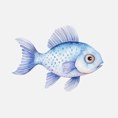 watercolor fish, baby fish clipart, in the style of light indigo and beige, elsa beskow, animated gifs, kinuko y. craft, animal figurines, dotted, mural painting