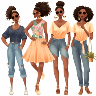 Summer Fashion Girl Clipart, Black Girl Clipart, Black Woman Clipart, Fashion Planner Clipart, African American Beach Fashion Clipart, white background, pixie cut hair, denim jeans and peach blouse