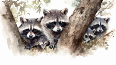 Curious Raccoons: A family of raccoons peeking out from behind a tree, with one raccoon looking directly at the viewer - cute and adorable watercolor illustration with photorealistic high details clipart, white background