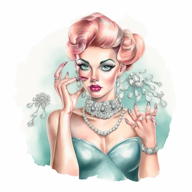 Hand drawn 1950’s pin up woman, dressed like cancer the crab, very glamorous with jewelry, shades of dusty rose teal and blue, half body, very detailed and realistic, watercolor, white background with margins, clipart style