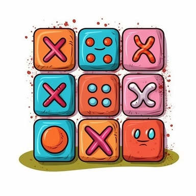 tic tac toe game, completed game of tic tac toe, finished game of tic tac toe, x's and o's, 3 x 3 equal squares, 9 total squares, 4 x's and 5 o's, cartoon image, clipart