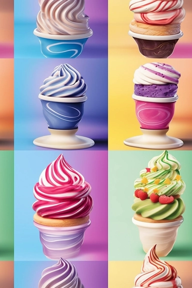 Cute ice cream with colorful flavor, dessert, snack, spoon, cone, stick, fruit, fresh illustration, vector clipart, cartoon digital illustration, colorful, quality 300 dpi, sharpness, color correction visual resources, image focal point sharpness, enhancement, trends on pinterest, artstation, deviantart