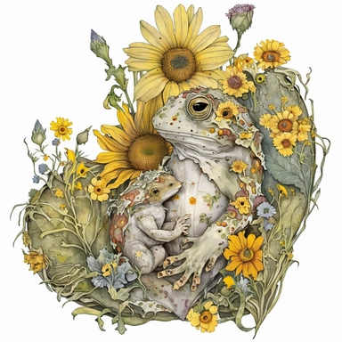 close-up-shot Gray Tree Frog-mom and her baby with sunflowers, wildflowers and relatable-flowers made into a heart-shape vintage in watercolor style clipart, use darker tones, higher saturation colors, watercolor clip art with splashes and drips, super creative watercolor, white background