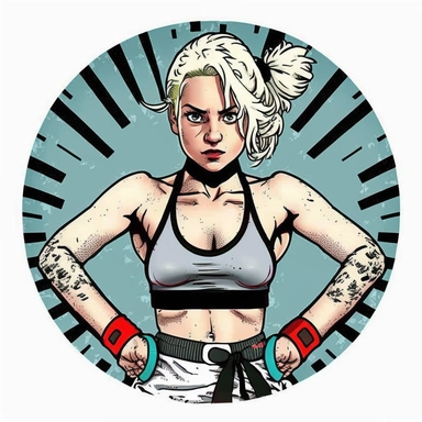 cheeky platinum blonde bohemian young female martial artist, handpainted enamel punk zine indie retrowave, clipart illustration, circle white background, circular compound design border
